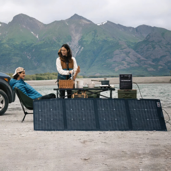 EcoFlow EB600 Extra Battery gebruikt in een outdoor setting naast een tent of camper