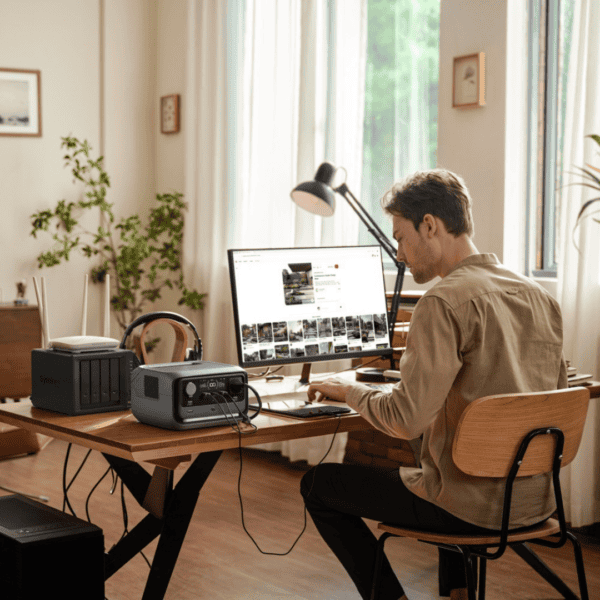 EcoFlow RIVER 3 Plus Power Station gebruikt als noodstroomvoorziening in een thuiskantoor (Toepassing: back-up stroom voor computer, router of werkplek)