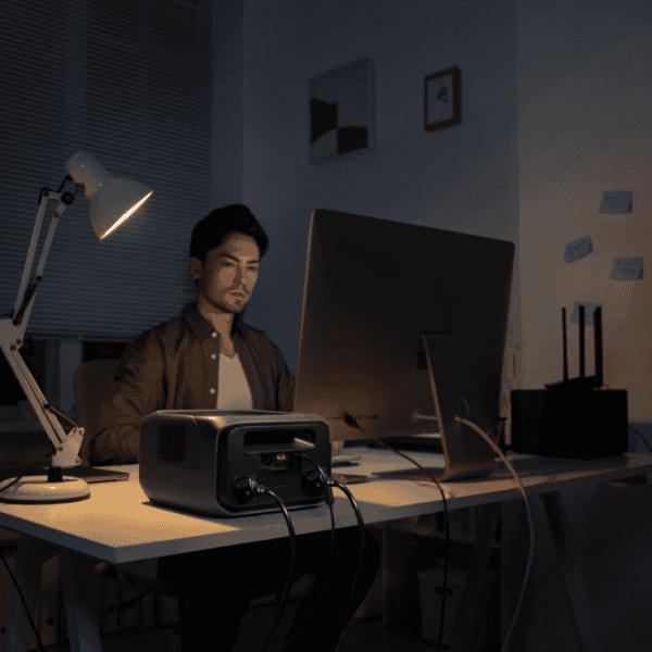 EcoFlow RIVER 3 Plus Power Station gebruikt als noodstroomvoorziening in een thuiskantoor (Toepassing: back-up stroom voor computer, router of werkplek)