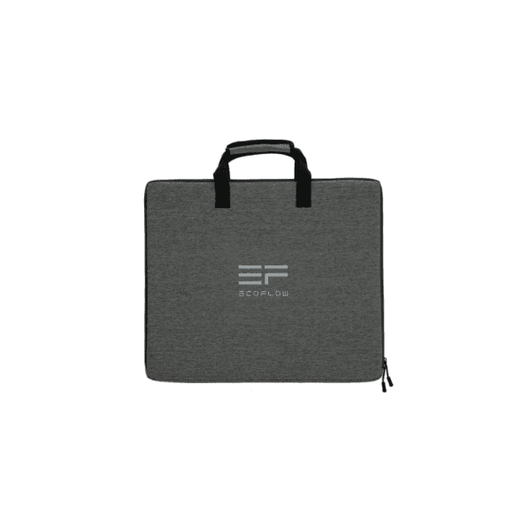 EcoFlow 110W zonnepaneel opgevouwen in draagtas, klaar voor transport