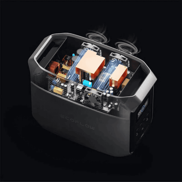 Binnenkant van de EcoFlow DELTA 3 powerstation met aansluitingen zichtbaar