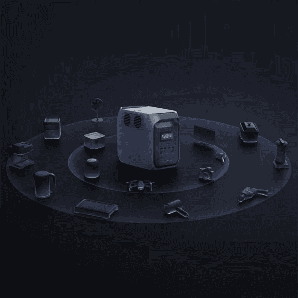 EcoFlow DELTA 3 powerstation in gebruik met meerdere aangesloten apparaten zoals een laptop, koelkast, LED-lamp en smartphone, geschikt voor thuis of onderweg.