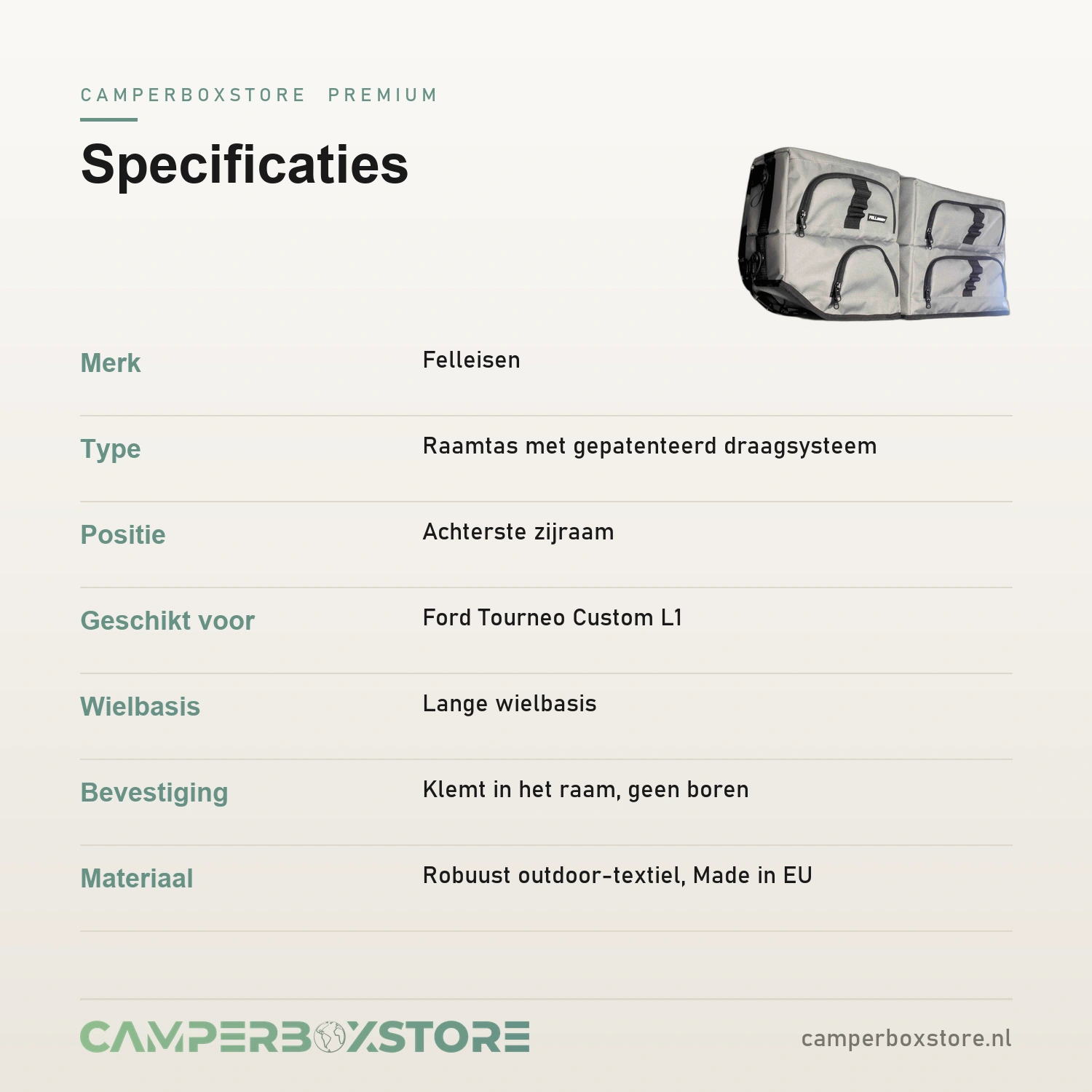 Felleisen raamtas specificaties