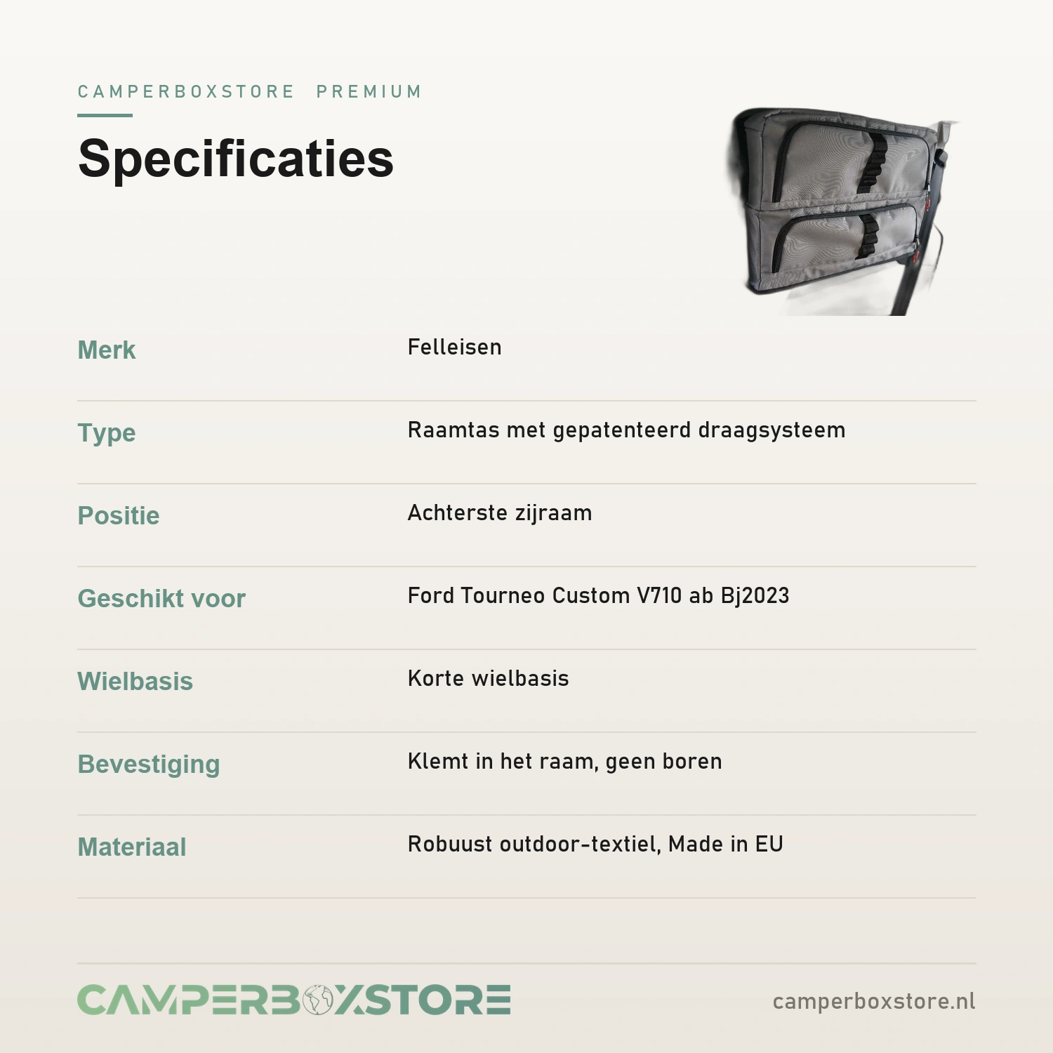 Felleisen raamtas specificaties