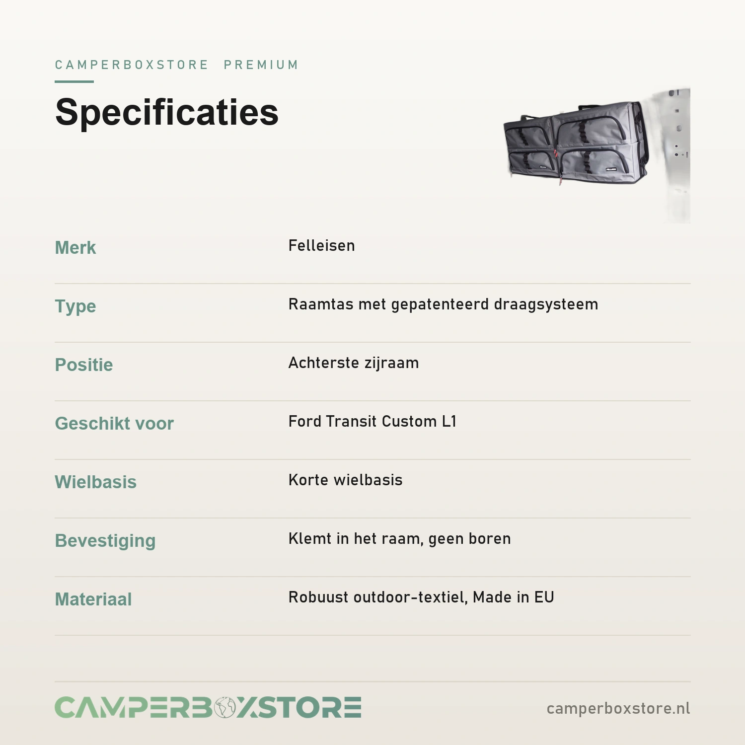 Felleisen raamtas specificaties
