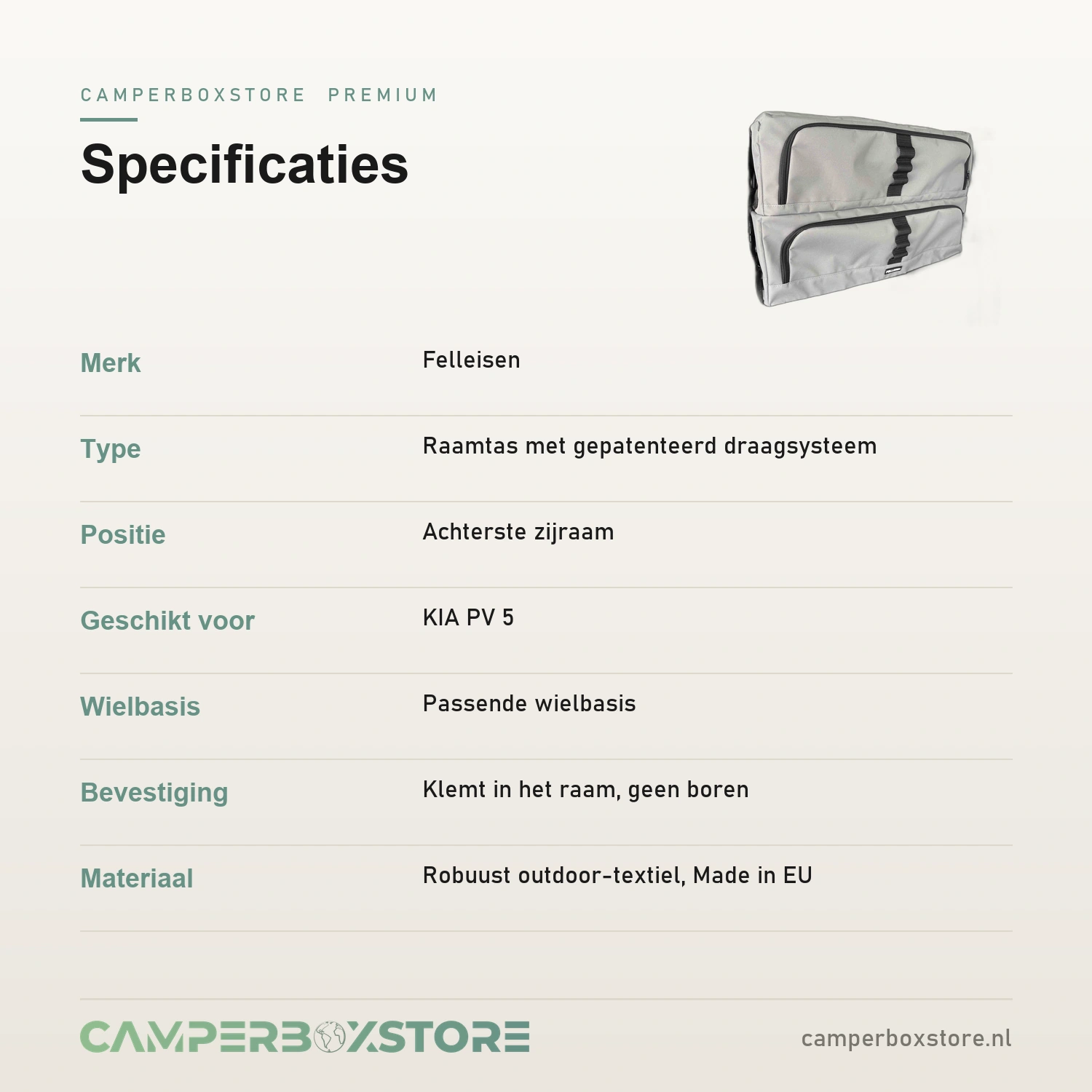 Felleisen raamtas specificaties