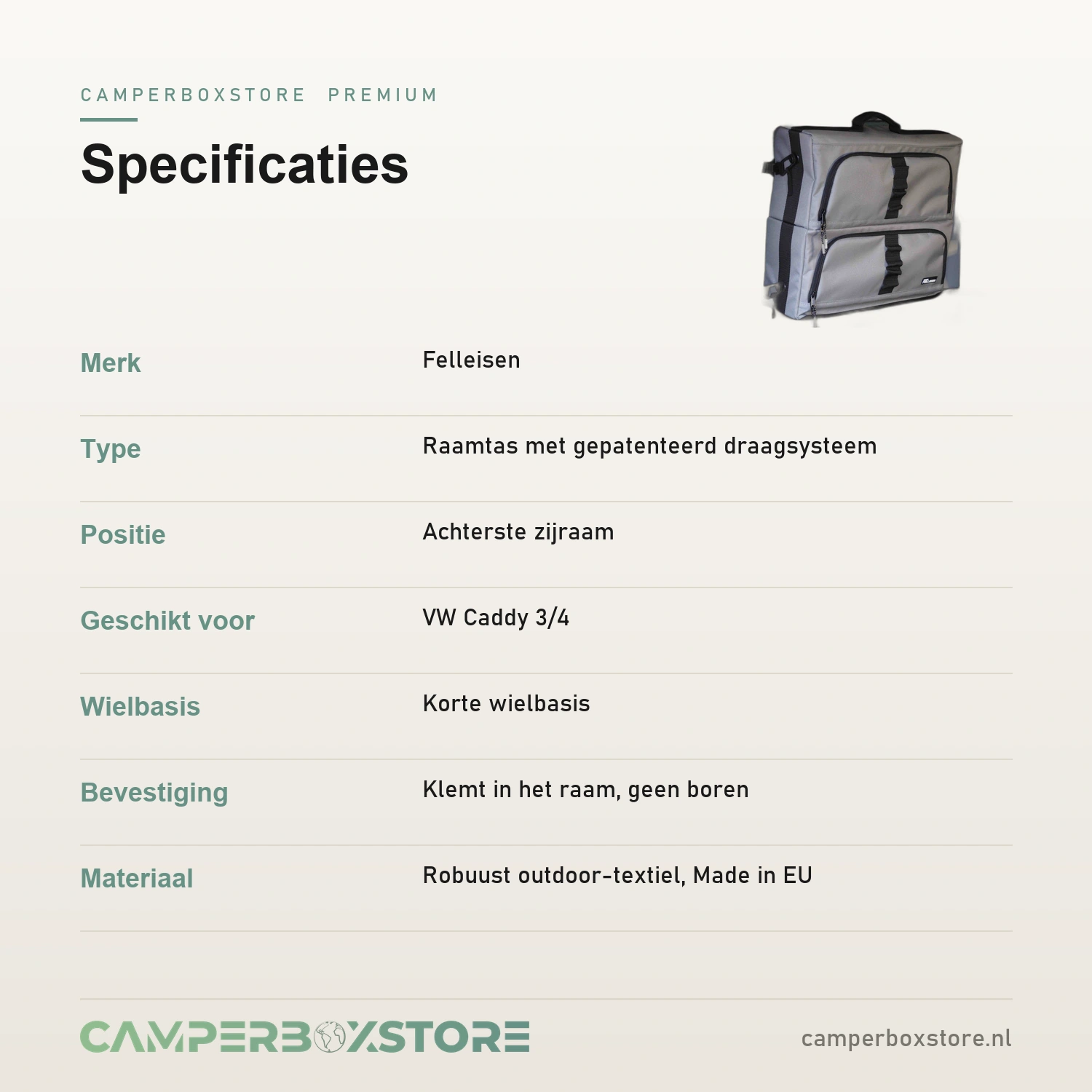 Felleisen raamtas specificaties