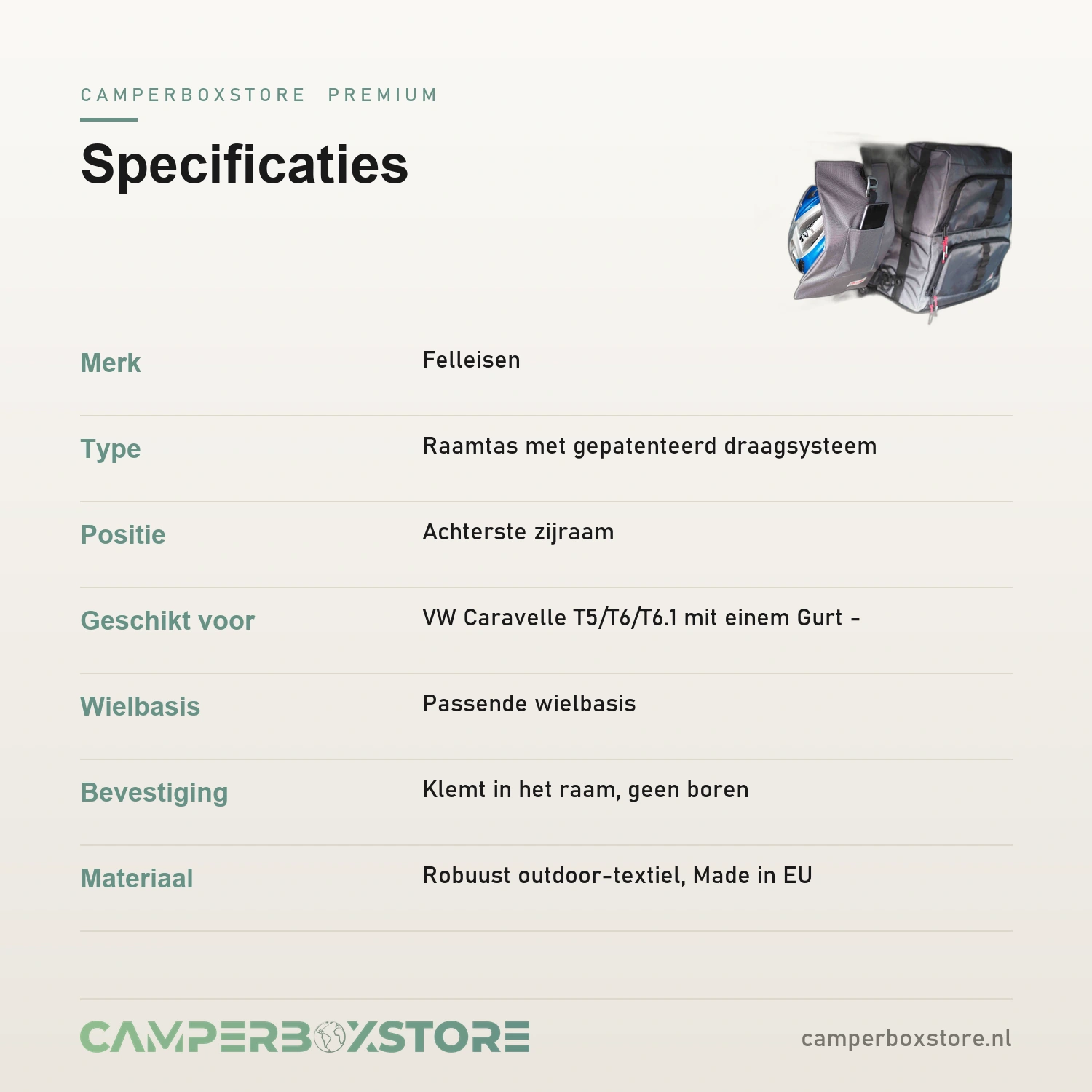 Felleisen raamtas specificaties