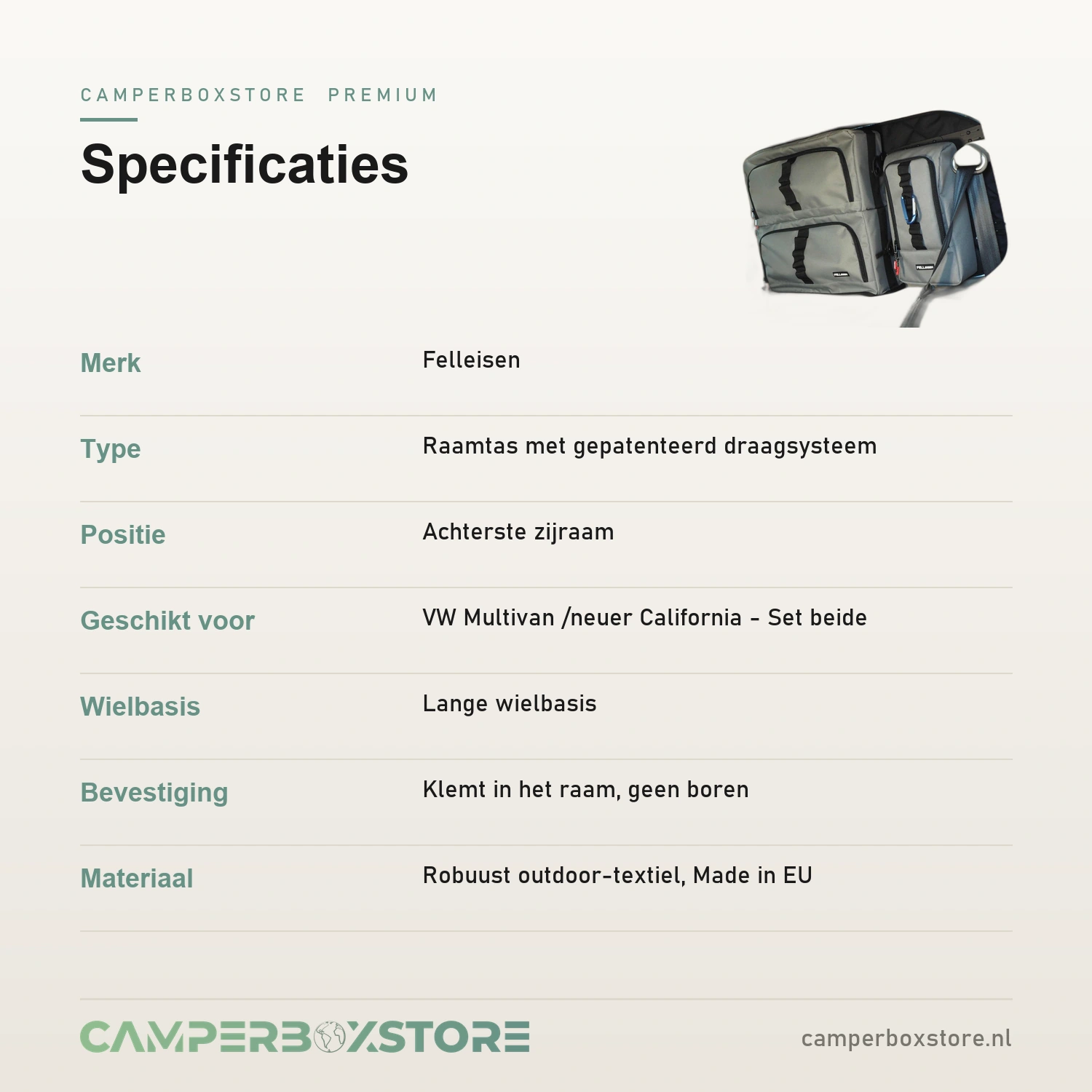 Felleisen raamtas specificaties