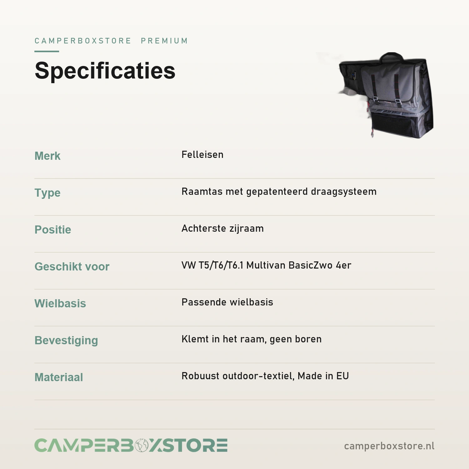 Felleisen raamtas specificaties