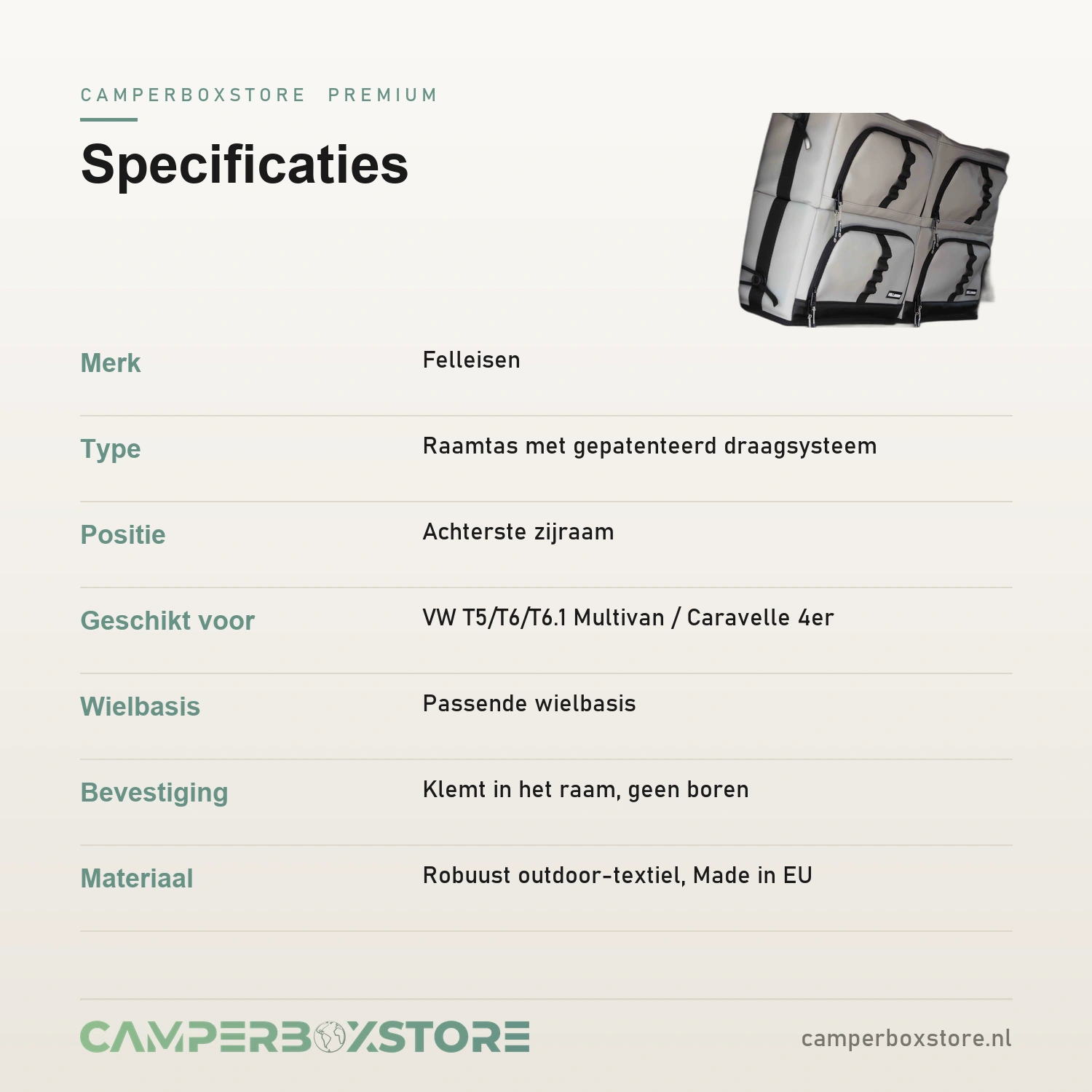 Felleisen raamtas specificaties